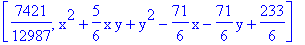 [7421/12987, x^2+5/6*x*y+y^2-71/6*x-71/6*y+233/6]